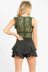 Green Sheer Lace Bodysuit With Frill