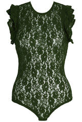 Green Sheer Lace Bodysuit With Frill