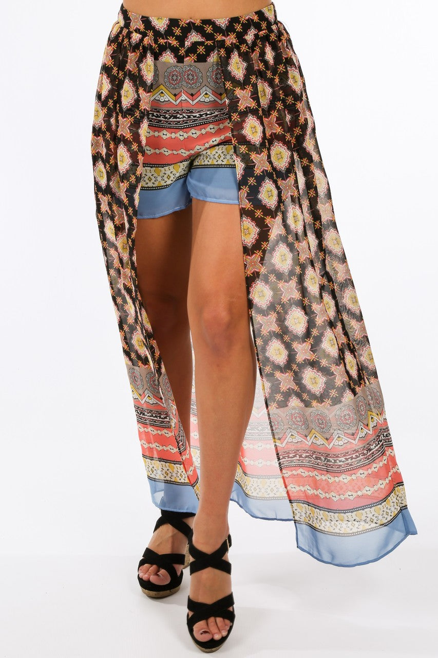 Black Aztec Print Shorts With Maxi Train