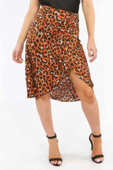 Tan Satin Leopard Print Wrap Midi Skirt