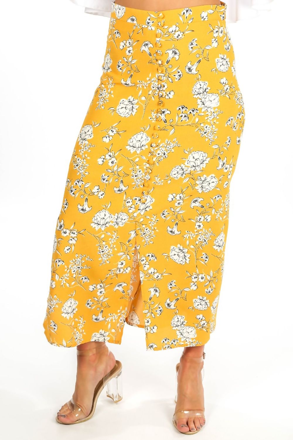 Yellow Floral Printed Button Front Maxi Skirt
