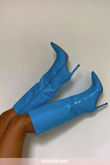 Blue Leather Look Croc Pointed Heeled Boot