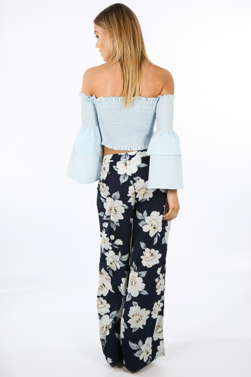 Blue Shirred Bardot Crop Top With Bell Sleeves