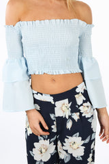 Blue Shirred Bardot Crop Top With Bell Sleeves