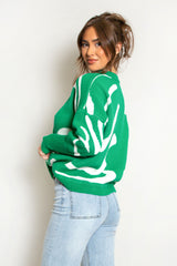 Green Wavy Detail Print Knitted Sweater