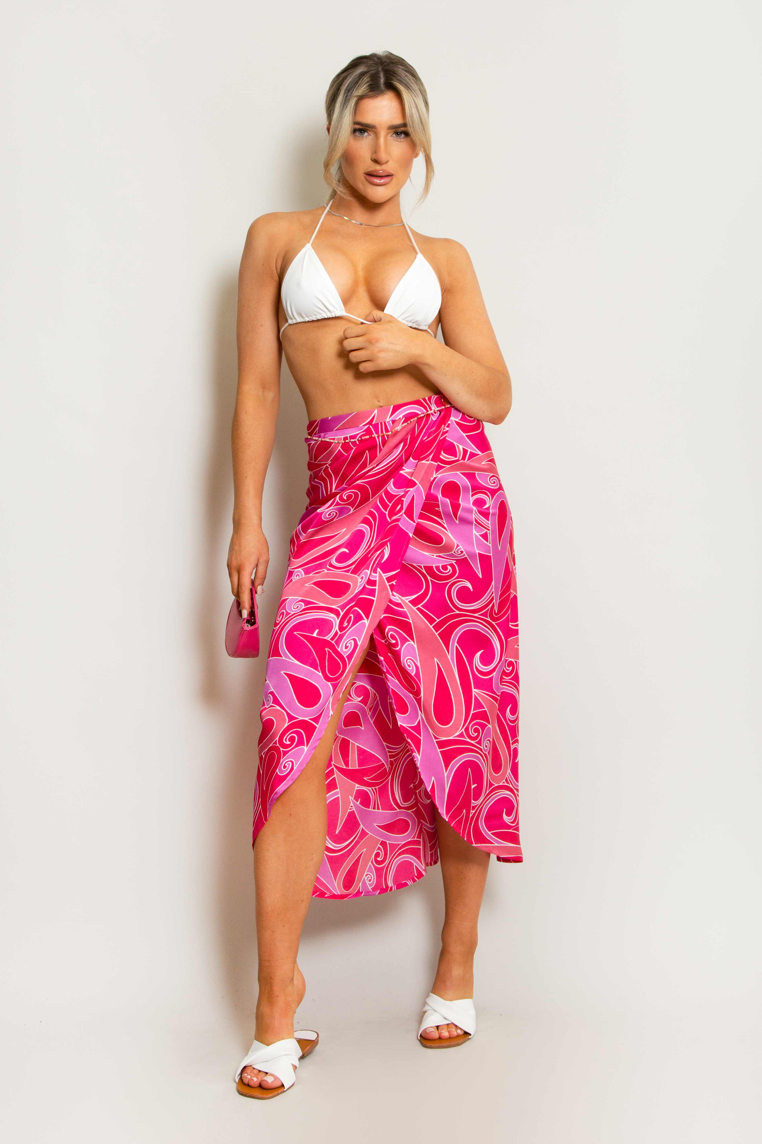 Fuchsia Retro Print Satin Wrap Midi Skirt