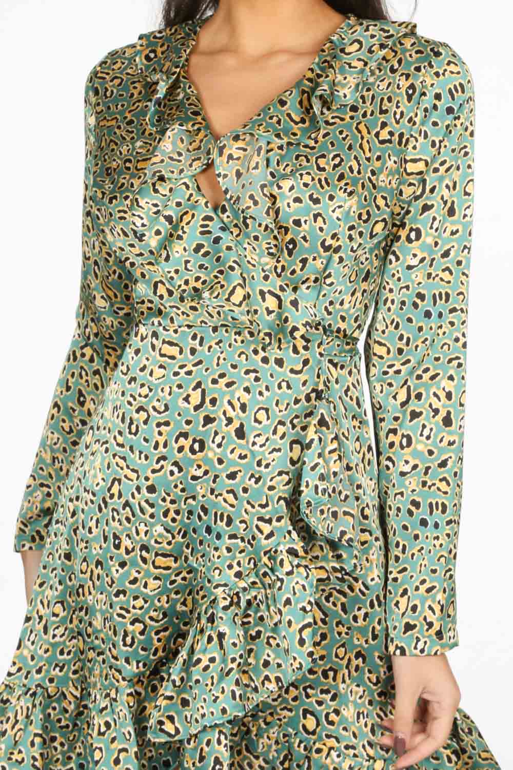 Green Long Sleeve Leopard Print Wrap Dress