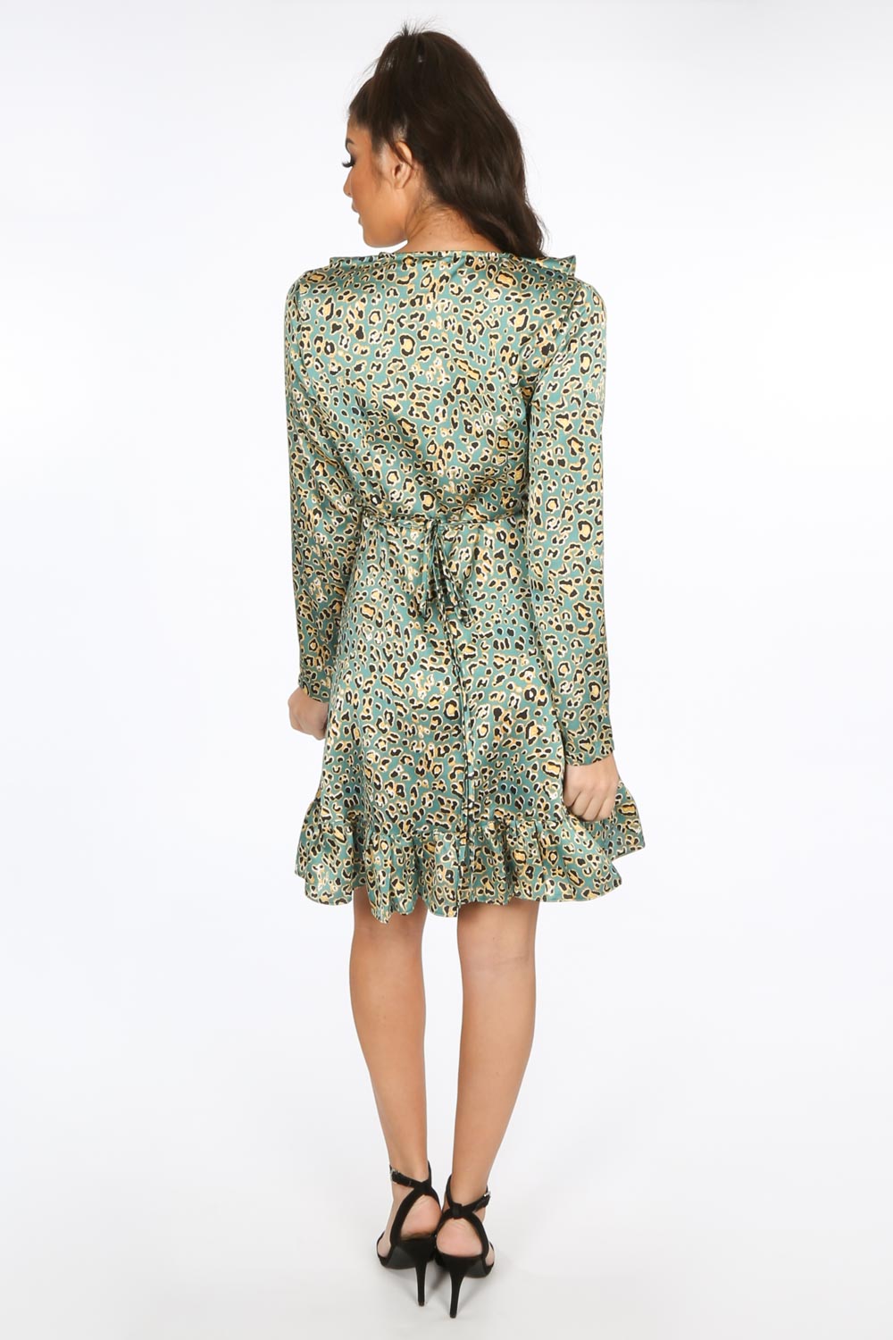 Green Long Sleeve Leopard Print Wrap Dress