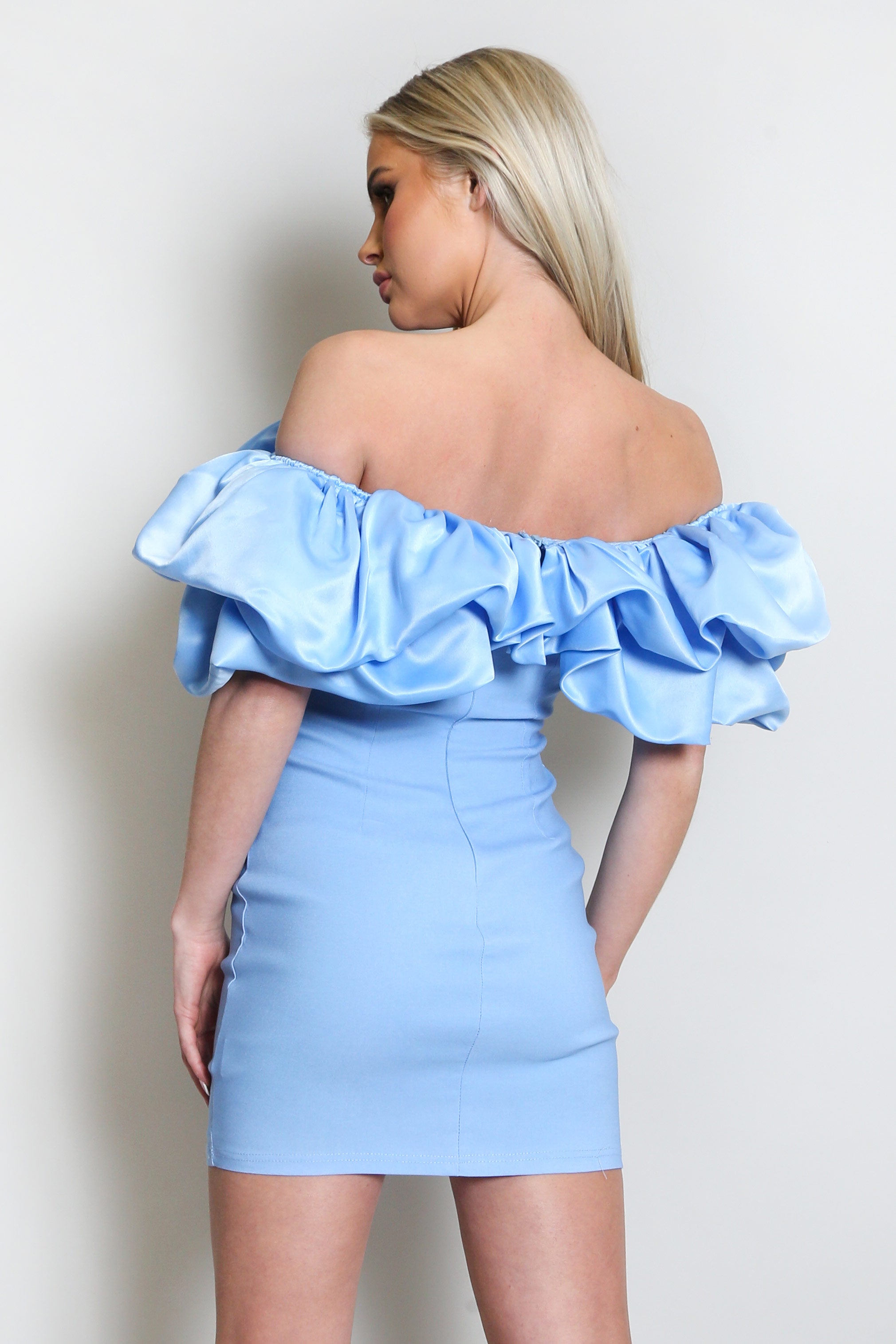 Sky Blue Satin Ruffle Bardot Bodycon Mini Dress
