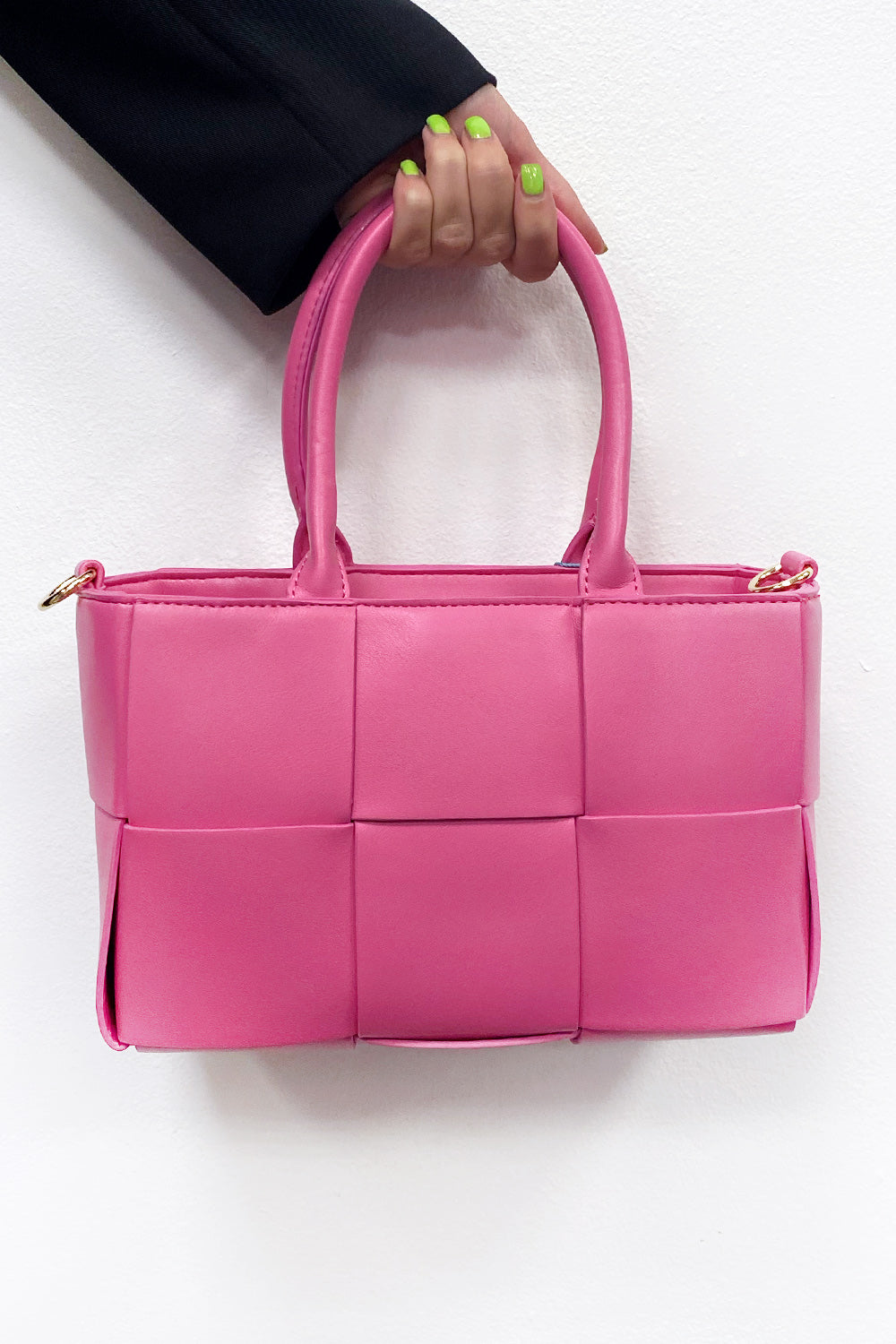 Bright Pink Faux Leather Woven Tote Bag
