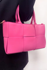Bright Pink Faux Leather Woven Tote Bag