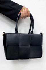Black Faux Leather Woven Tote Bag