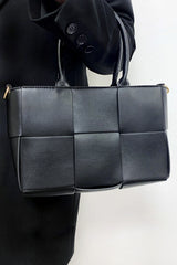 Black Faux Leather Woven Tote Bag