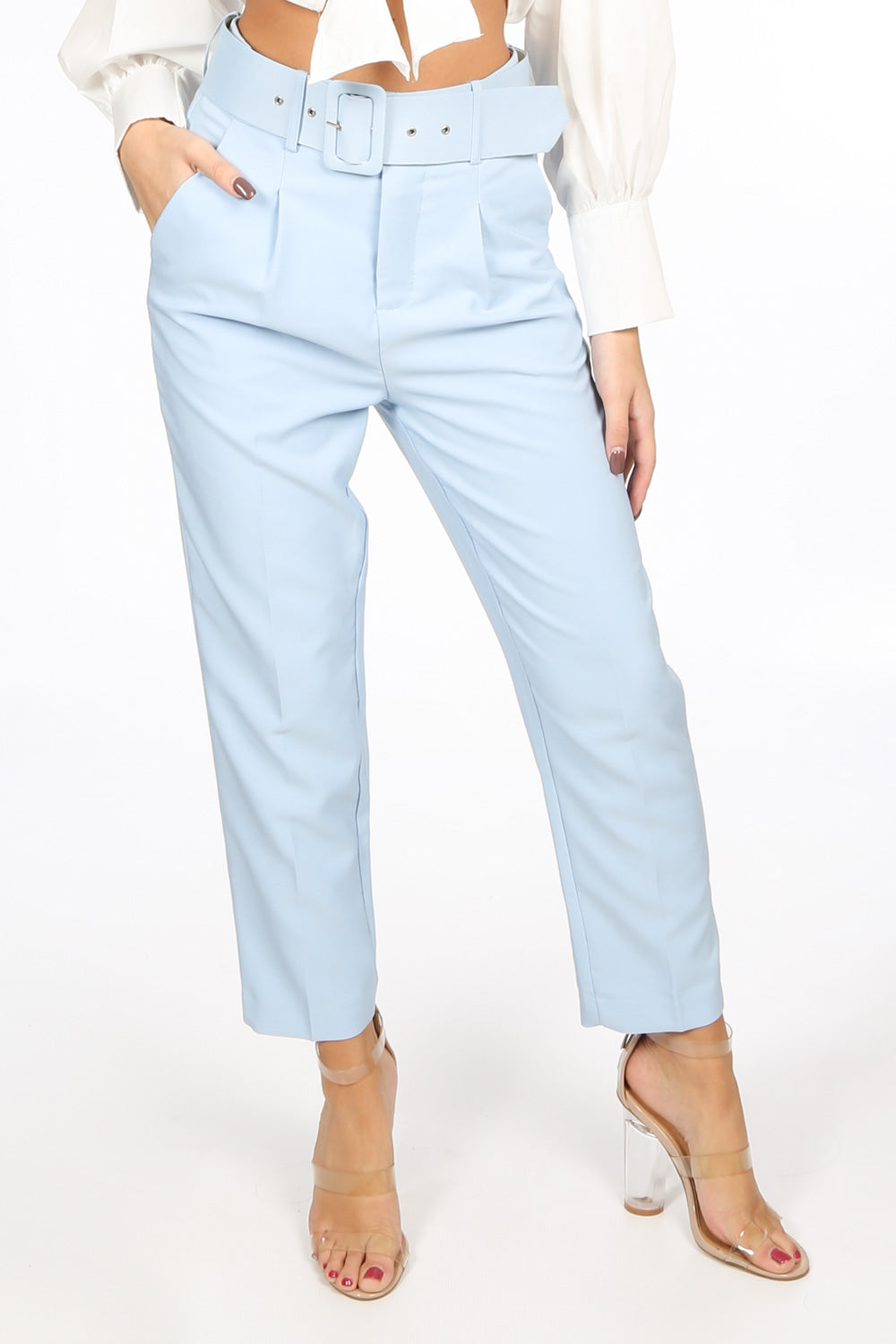 Light Blue Belted Tailored Trouser