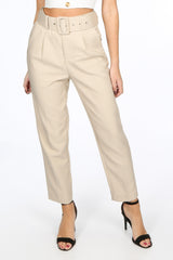 Beige Belted Tailored Trouser