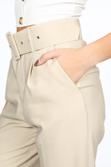 Beige Belted Tailored Trouser