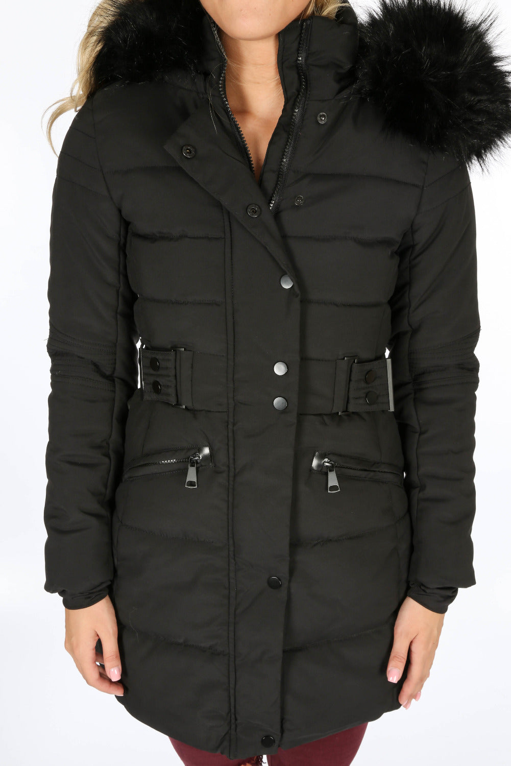 Black Long Puffer Coat With Matching Faux Fur