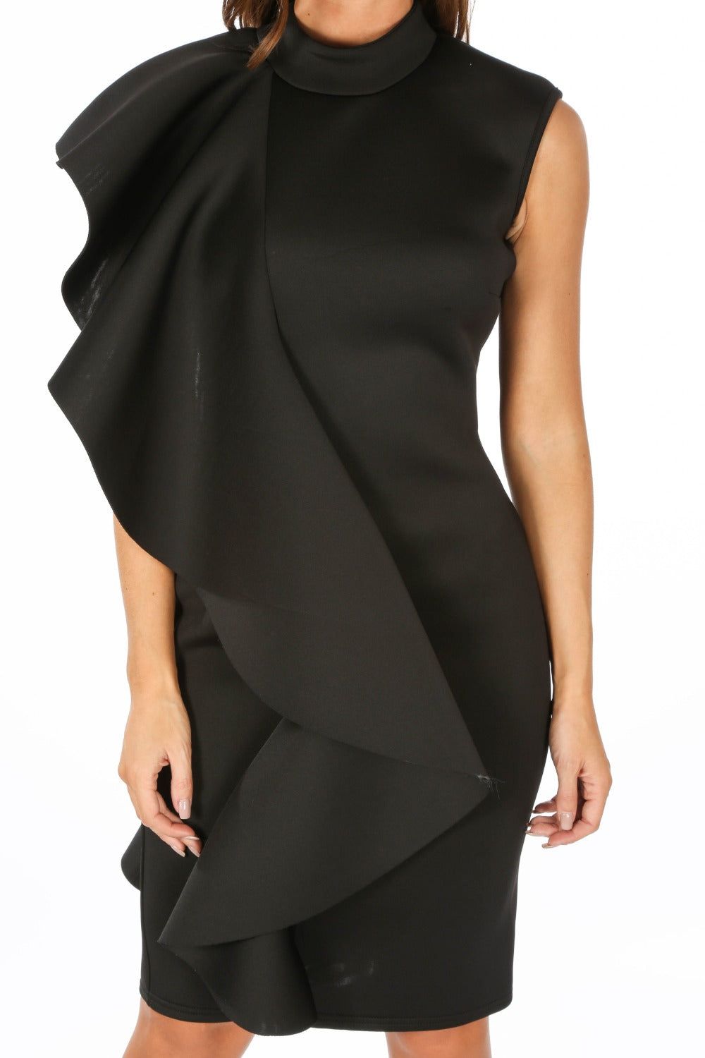 Black Neoprene Frill Shoulder Midi Dress