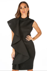 Black Neoprene Frill Shoulder Midi Dress
