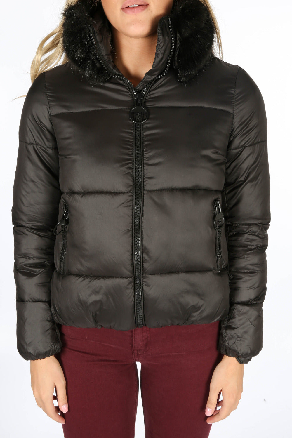Black Puffer Bomber Jacket With Faux Fur Collar
