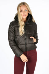 Black Puffer Bomber Jacket With Faux Fur Collar