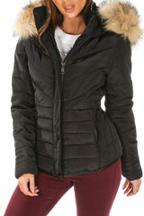 Black Quilted Puffer Jacket With Faux Fur Trim