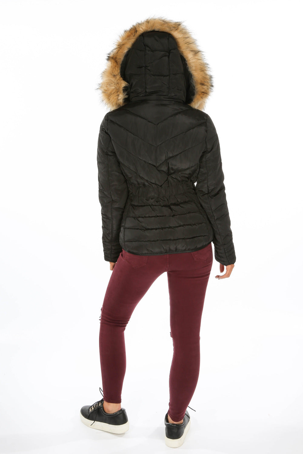 Black Quilted Puffer Jacket With Faux Fur Trim