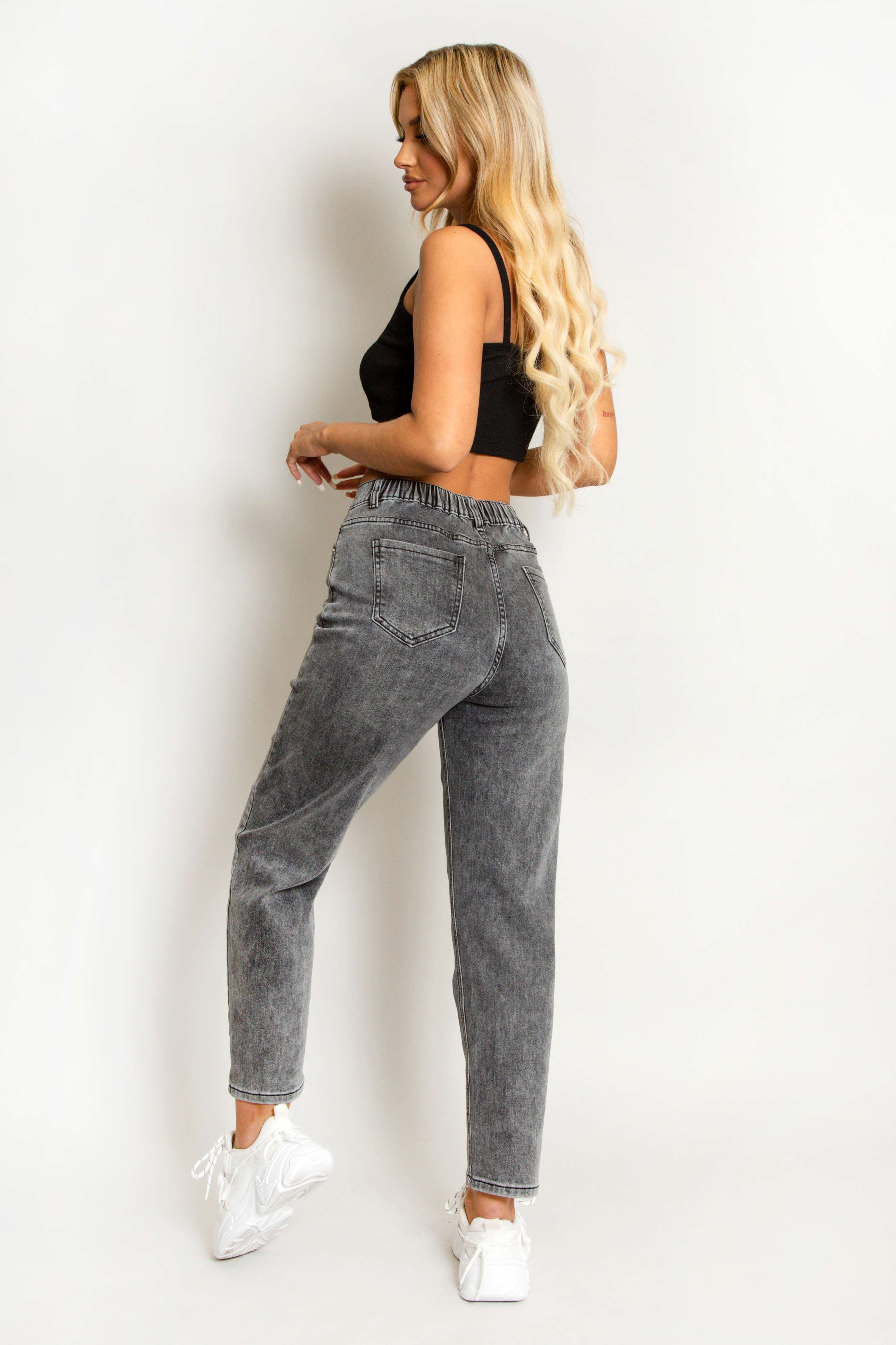 Black Washed Cropped Mom Jeans