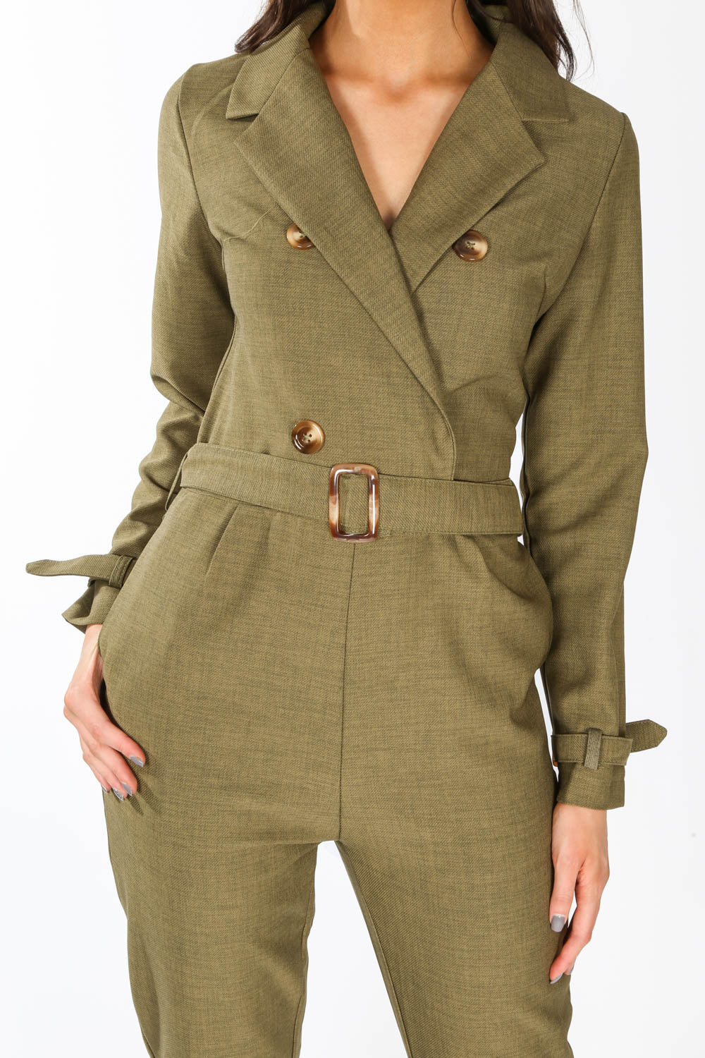 Khaki Tailored Belted Utility Jumpsuit