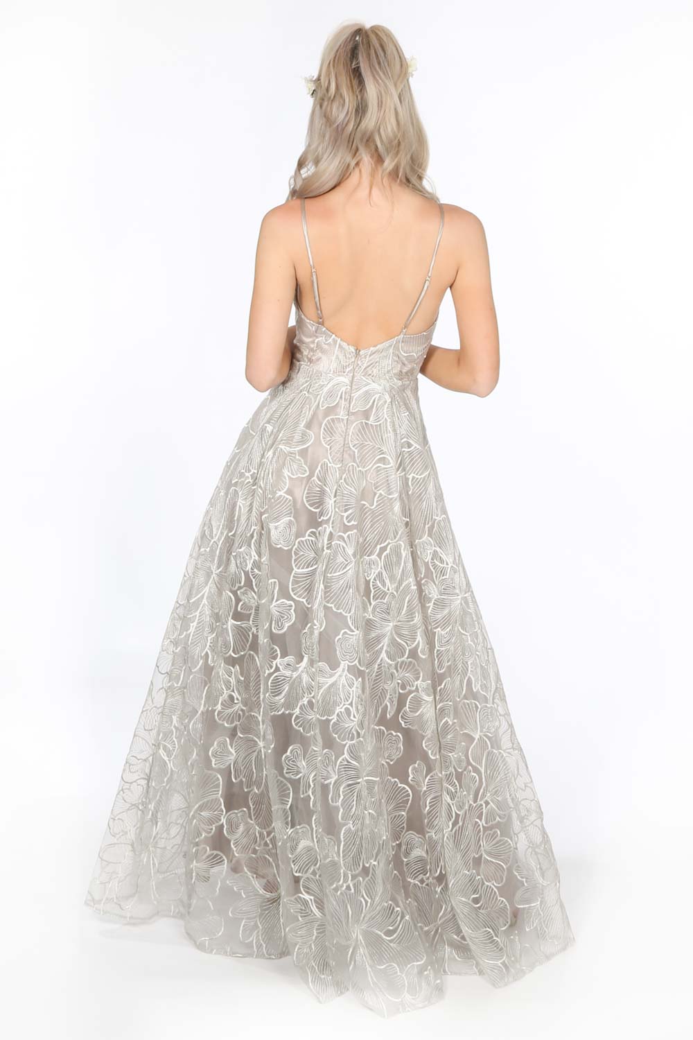 Bridal Grey Floral Embroidered Lace Maxi Dress