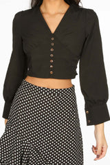 Black Cropped Button Front Blouse