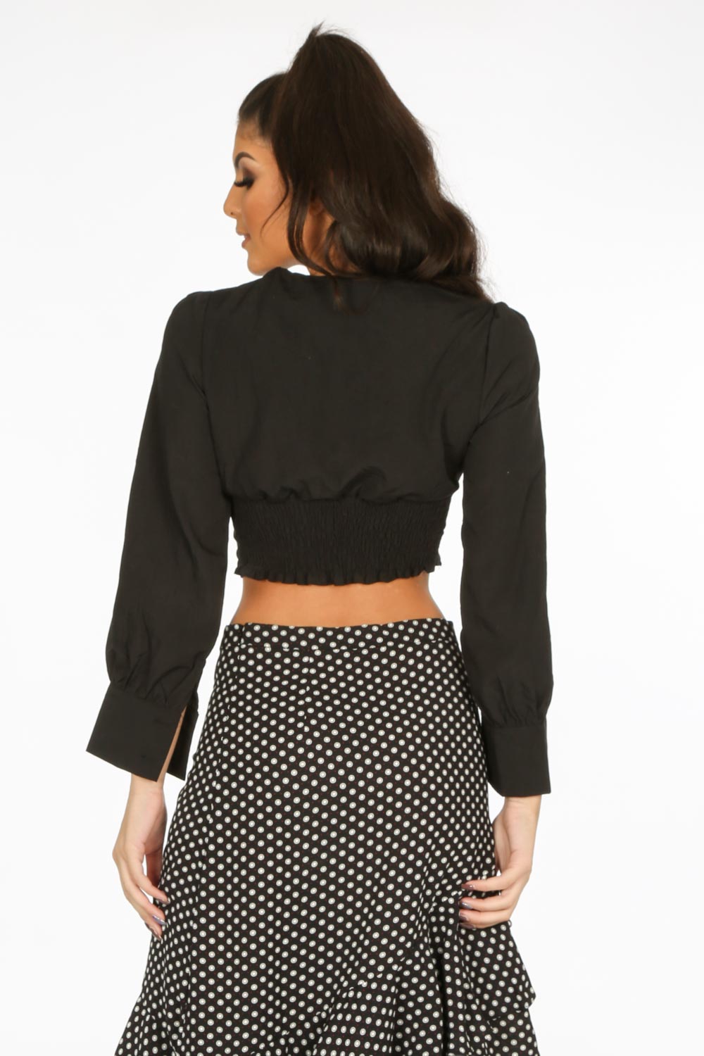 Black Cropped Button Front Blouse