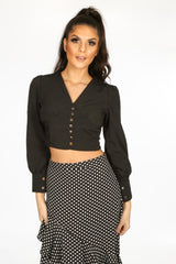 Black Cropped Button Front Blouse