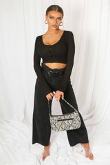 Black Ribbed Button Front Crop Top