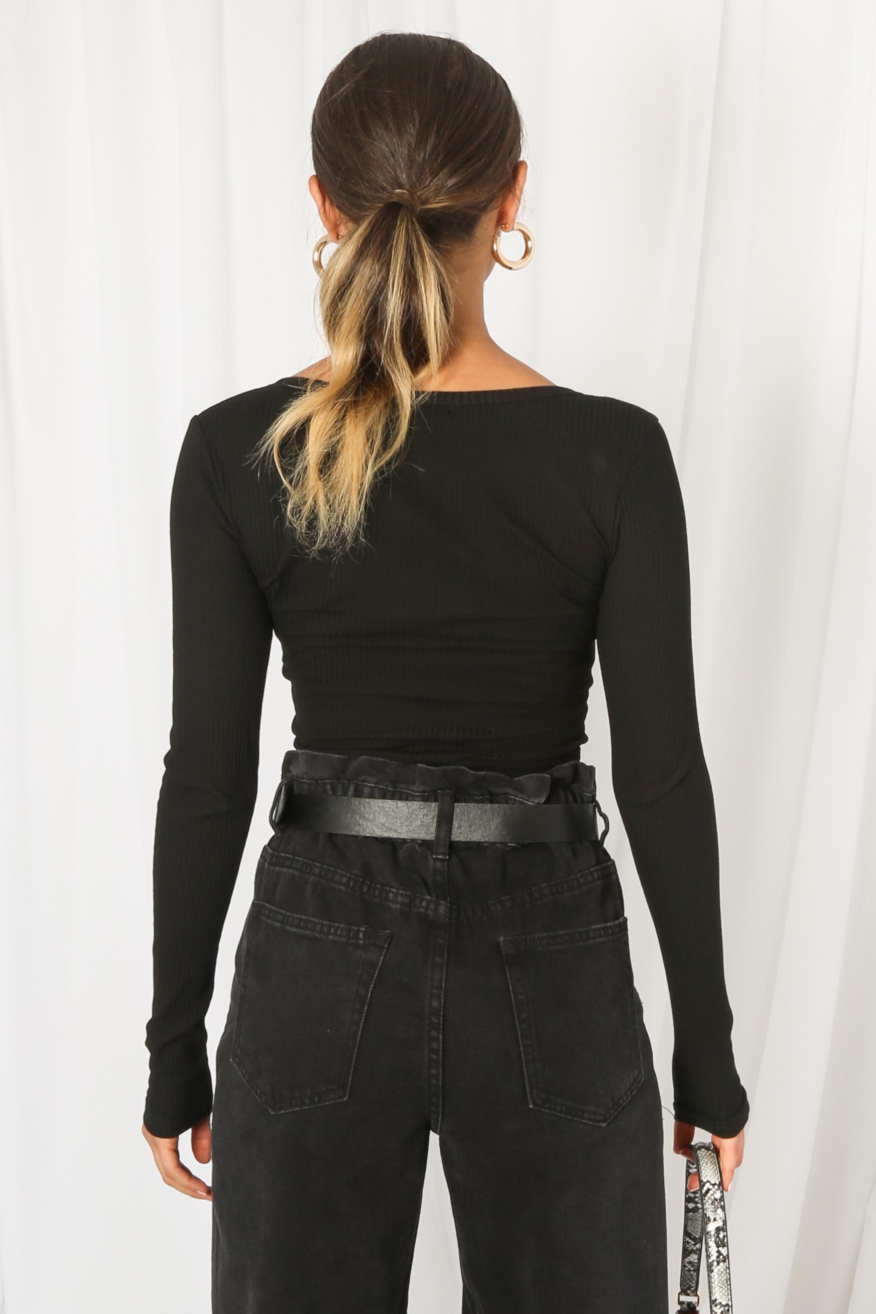 Black Ribbed Button Front Crop Top
