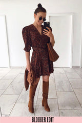 Camel Long Sleeve Leopard Print Wrap Look Dress