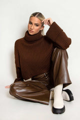 Brown Ribbed Knitted Roll Neck Jumper