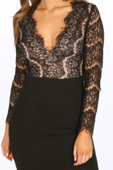 Black V-Neck Contrast Lace Bodycon Dress