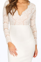 White V-Neck Contrast Lace Bodycon Dress