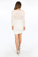 White V-Neck Contrast Lace Bodycon Dress