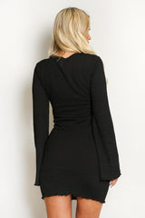 Black Plisse Long Sleeve Crinkle Dress