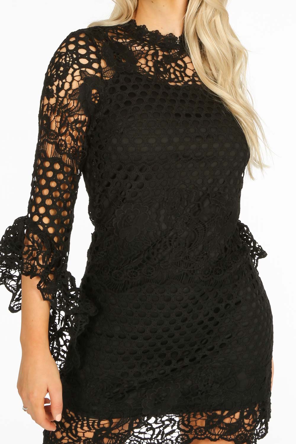 Black Frill Sleeve Crochet Dress With Slip Underlay
