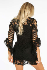 Black Frill Sleeve Crochet Dress With Slip Underlay