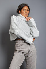 Grey Ribbed Knitted Roll Neck Jumper
