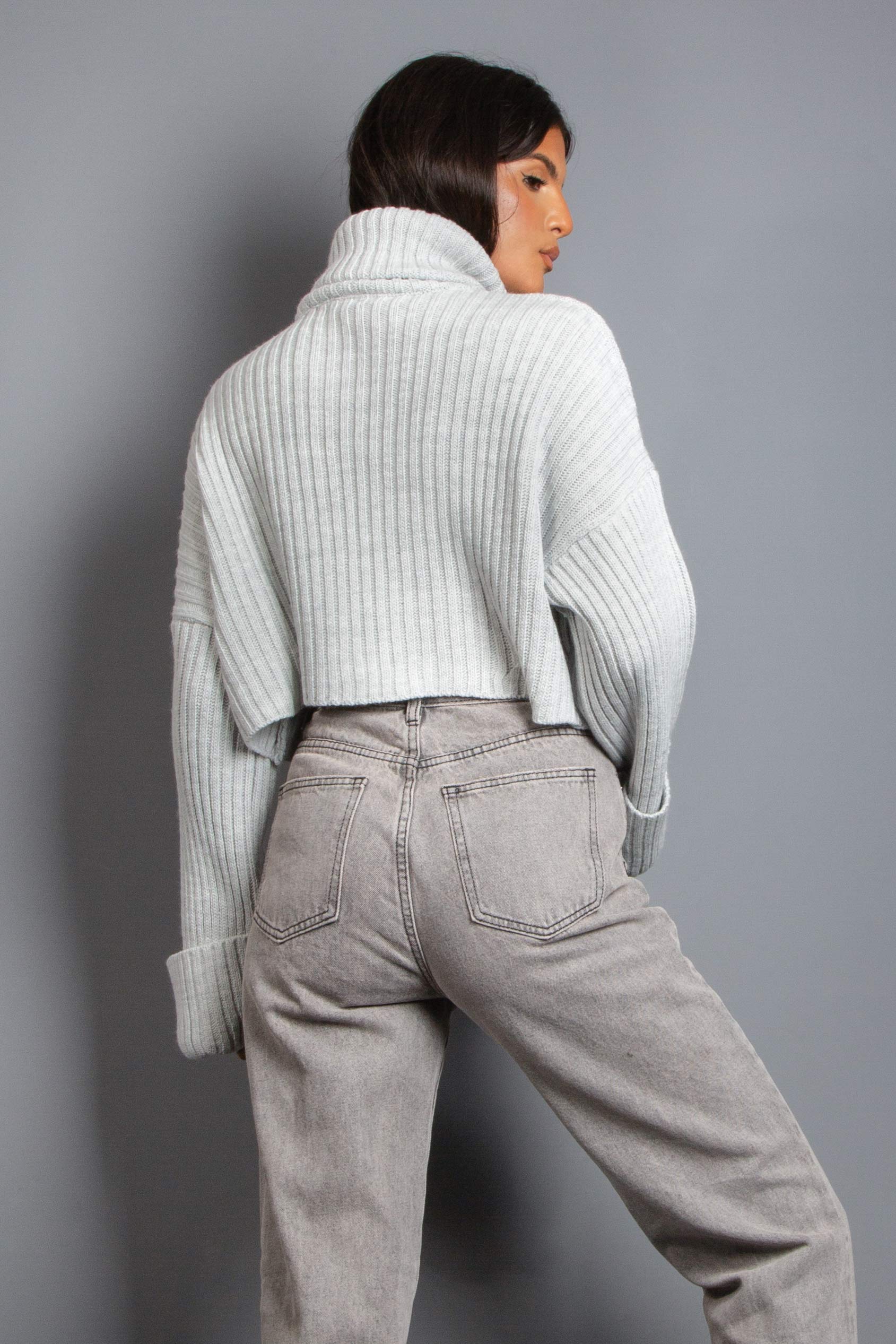 Grey Ribbed Knitted Roll Neck Jumper