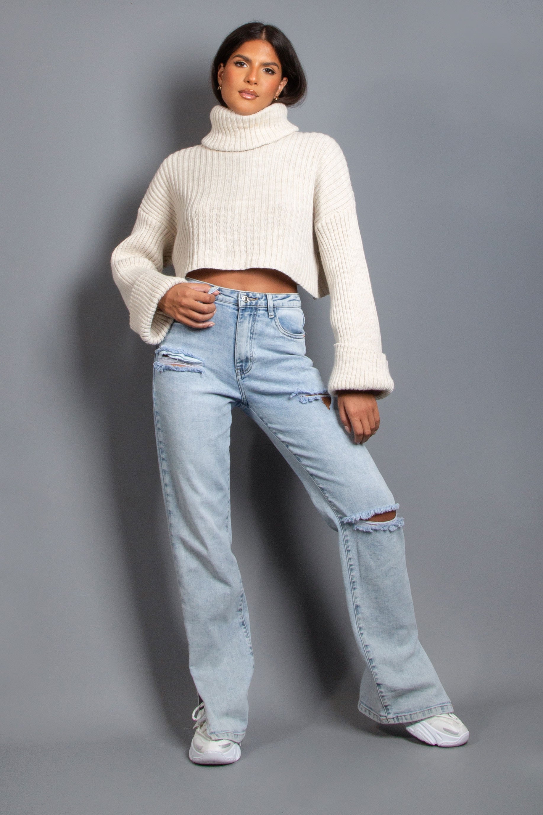Oatmeal Ribbed Knitted Roll Neck Jumper