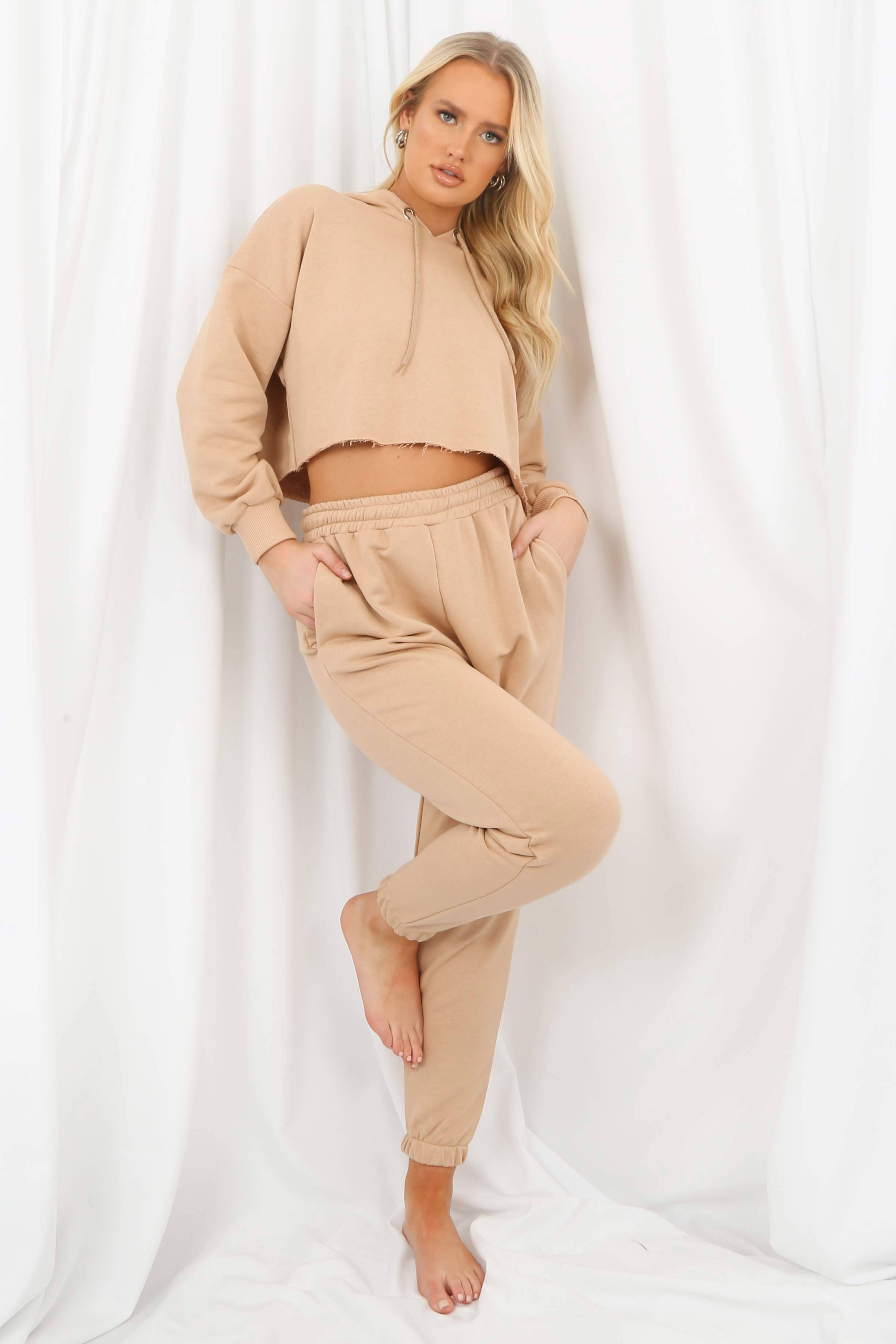 Nude Cropped Hoodie Jogger Set