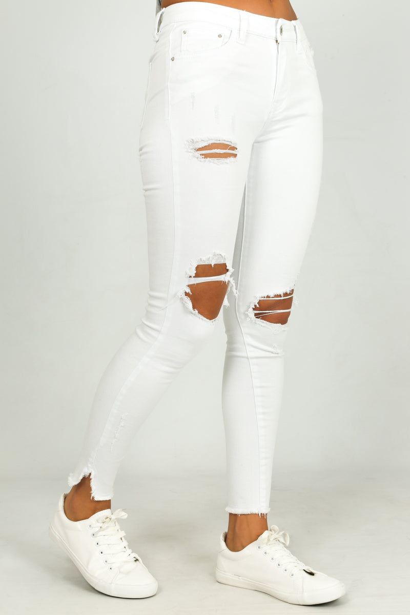 White Cropped Ripped Jeans