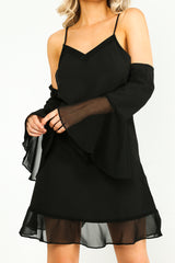 Black Cold Shoulder Cami Dress With Frilled Chiffon Hem