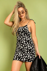 Black Daisy Ruched Strappy Bodycon Dress